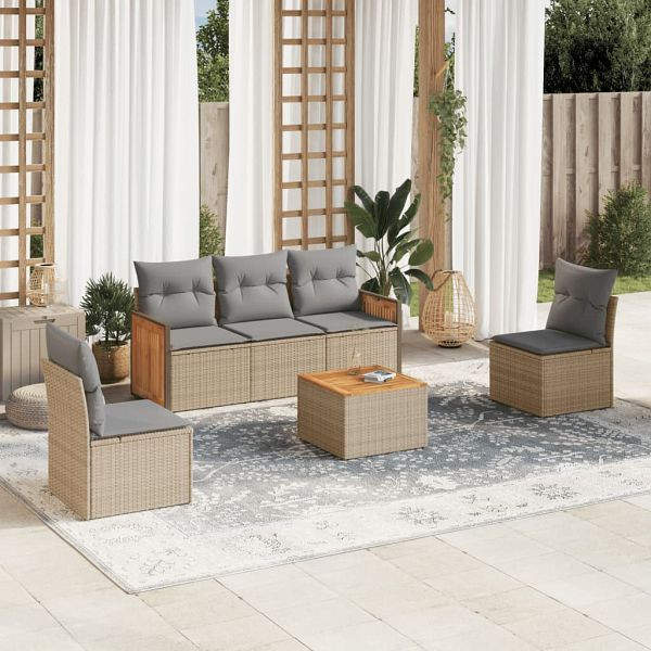 vidaXL 6-teilig Garten-Sofagarnitur mit Kissen Beige Poly Rattan, 3227536