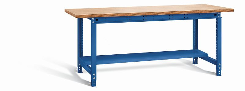 Otto Kind Werktisch allrounder mit, Stahlblechablageboden, Multiplexplatte 25 mm dick, höhenverstellbar von 715-955 mm, komplett RAL 5010, 072320013