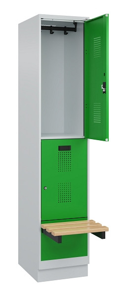 C+P Doppelstock-Spind Evolo PLUS, Bank, 2 Fächer, 1950x400x815mm, 7035/6037, Zylinderschloss, Sitzfläche Buche-Hartholz, mit Sockel, 049340-12 S10038