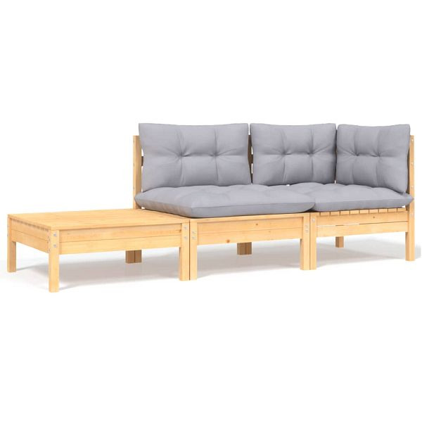 vidaXL 3-teilig Garten-Lounge-Set mit Grauen Kissen Kiefer Massivholz, 806669