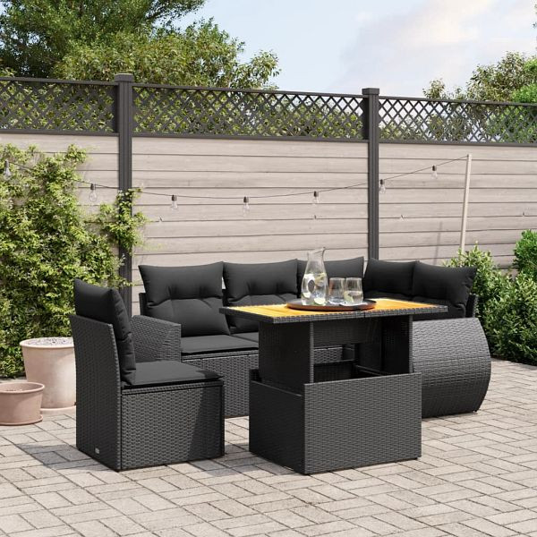 vidaXL 6-teilig Garten-Sofagarnitur mit Kissen Schwarz Poly Rattan, 3272196