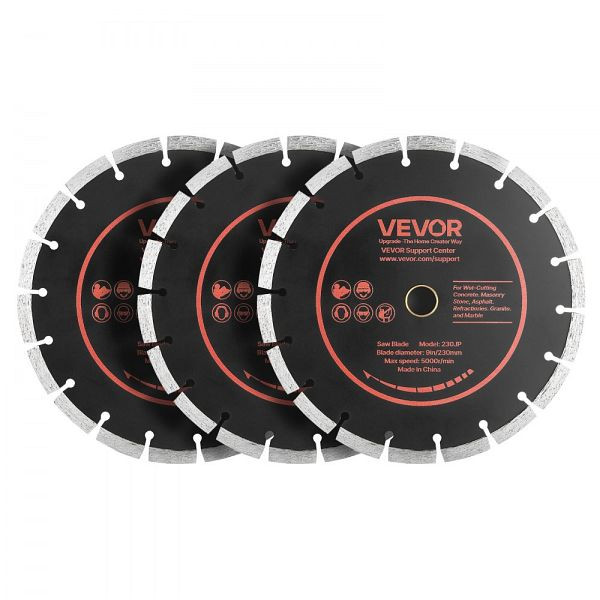 VEVOR 3 Stk. Diamanttrennscheiben 230mm, 22,2mm Bohrung, 10mm Segment, max. 5500 U/min für Trocken/Nass Schneiden Beton/Stein, HNTJDP9INCH0QCDI0001V0