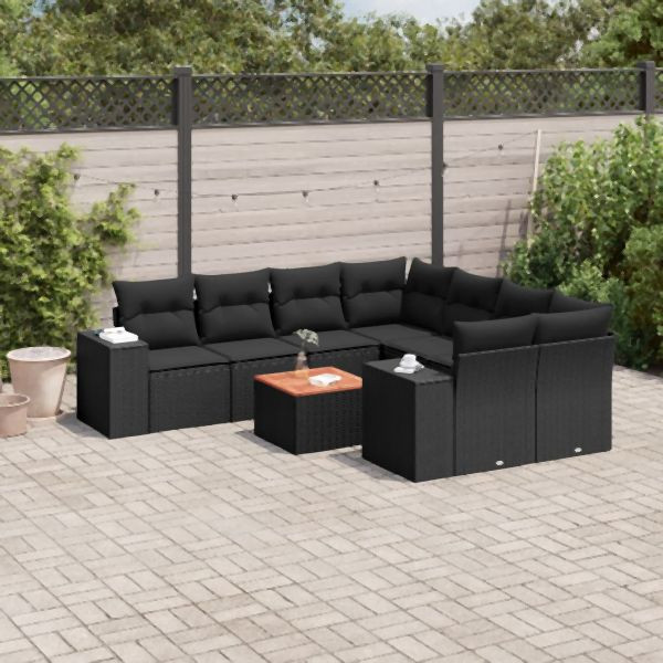 vidaXL 9-tlg. Garten-Sofagarnitur mit Kissen Schwarz Poly Rattan, 3225369