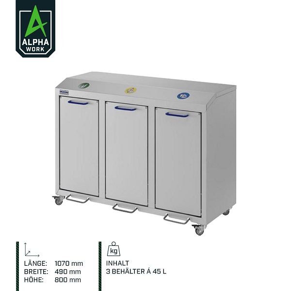 Alpha Work Wertstoffsammler, eloxiert - 3 fach, 1070 x 490 x 800 mm, 08306