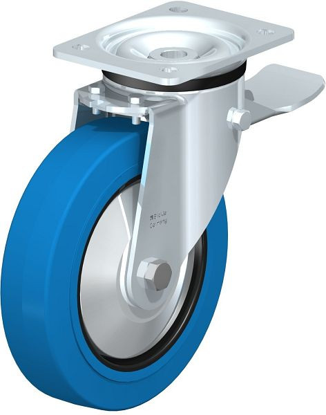 Blickle LK-POEV 200K-ST-SB-FA Stahlblech-Lenkrolle, schwere Ausführung, mit Anschraubplatte & Feststeller, Elastik-Vollgummi, Blau, 750385