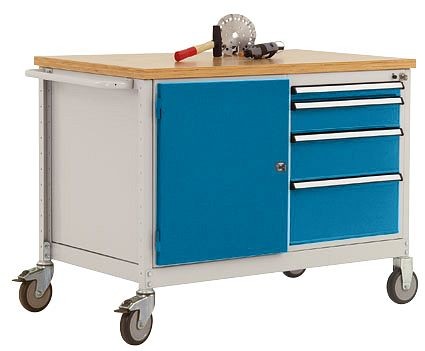 Manuflex Mobile Werkbank Modell 4 mit geölter Multiplex-Abdeckplatte 30 mm BxTxH 1135 x 590 x 810 mm, lichtgrau/brillantblau, TP1004.0002
