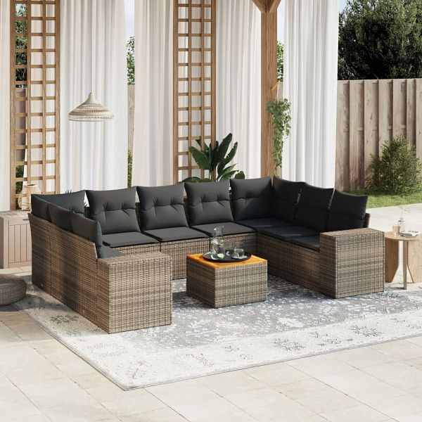 vidaXL 10-teilig Garten-Sofagarnitur mit Kissen Grau Poly Rattan, 3257922