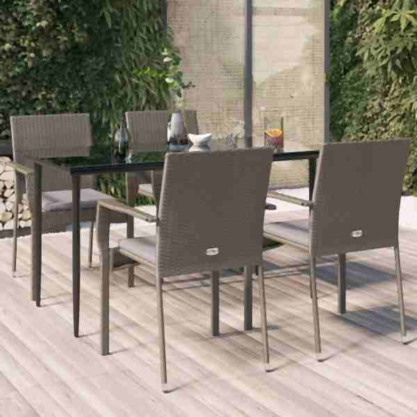 vidaXL 5-tlg. Garten-Essgruppe mit Kissen Schwarz und Grau Poly Rattan, 3185127