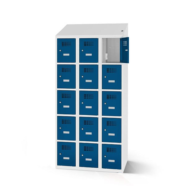 Rotstahl Fächerschrank, 15 Fächer, kurzer Sockel, mit Ladefunktion, Schrägdach, Korpus: lichtgrau, Türen: enzianblau, 2180-030500-0901112-7035-5010