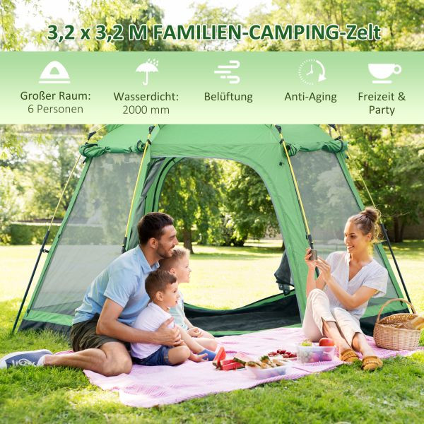 Outsunny Camping Zelt 6 Personen, einfache Einrichtung für Familien Trekking Festival Stahl Glasfaser Grün 320 x 320 x 180 cm, A20-278V02GN