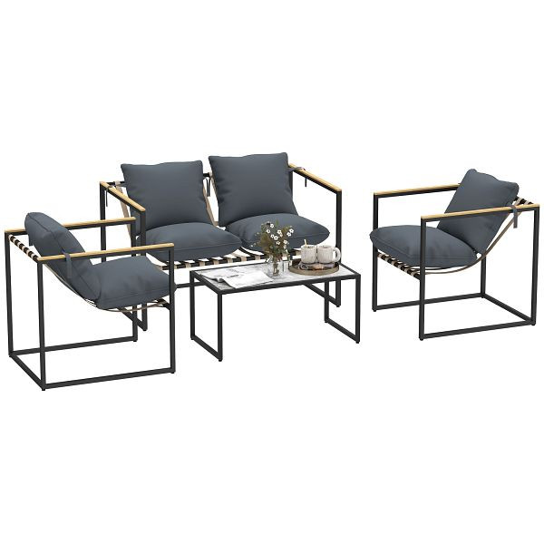 Outsunny 4-teiliges Gartenmöbelset, Outdoor-Möbel-Set, 2 Sessel, 2er Sofa, 1 Tisch, gepolstert, Stahl, Polyester, Grau, 84G-534V00GY