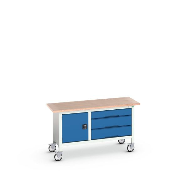 bott verso mobile Kastenwerkbank mit Schrank / Schubladenschrank mit 3 Schubladen, BxTxH: 1500x600x830mm, Lichtgrau / Enzianblau, 16923214.11