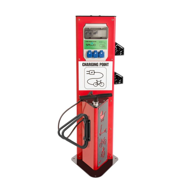 Stein HGS Fahrrad-Servicestation Modell BM3025, Ladestation, mit Fahrradständer, RAL 3020 - Verkehrsrot, 63688.0002