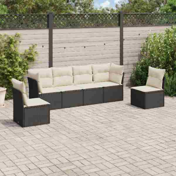 vidaXL 6-tlg. Garten-Sofagarnitur mit Kissen Schwarz Poly Rattan, UV-beständig, 3217366