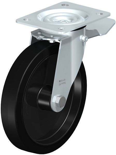 Blickle LE-POEV 201XR-ST Stahlblech-Lenkrolle mit Anschraubplatte & Feststeller, Elastik-Vollgummi, Schwarz, 850241