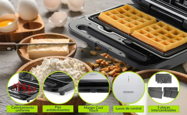 monzana Sandwichmaker XXL 3in1 1000W 25x23,5x9,5cm schwarz, 107268