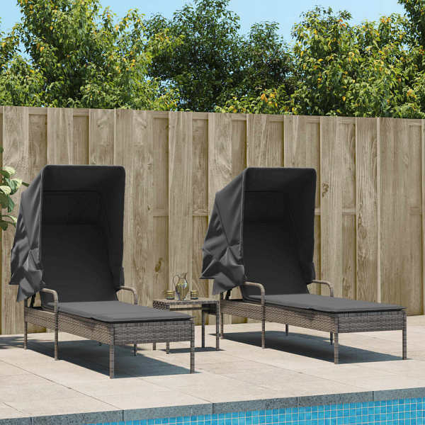 vidaXL Sonnenliegen 2 Stück mit Dach und Tisch Grau Poly Rattan, UV-beständig, 3261571