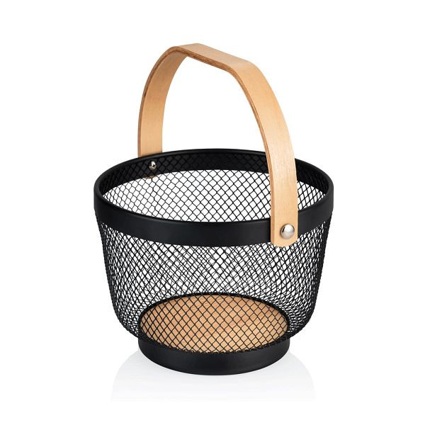 WAS Metallkorb, schwarz mit Holzgriff, rund, 1415028, 4044925147330