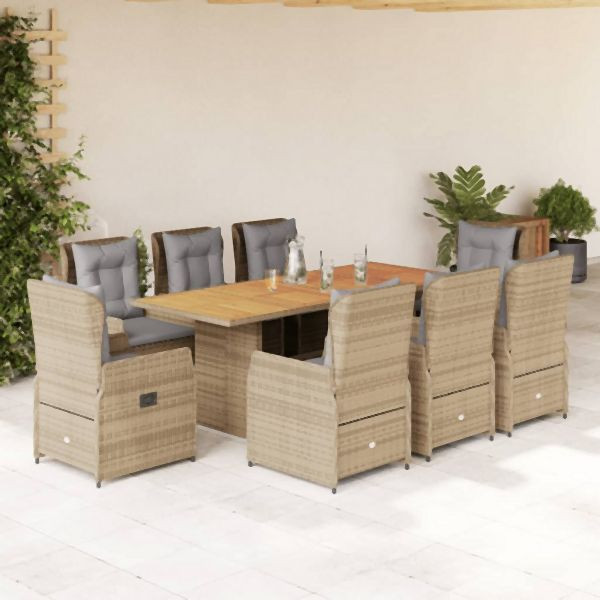 vidaXL 9-tlg. Garten-Essgruppe mit Kissen Beige Poly Rattan, 3262790