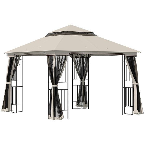 Outsunny Gartenpavillon mit Doppeldach Pavillon Gartenzelt Festzelt Partyzelt mit 4 x Seitenwand Metall+Polyester Beige 2,99 x 2,99 x 2,74 m, 84C-184BG