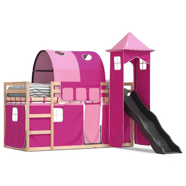 vidaXL Etagenbett mit Rutsche und Gardinen Rosa 80x200 cm, 3284172