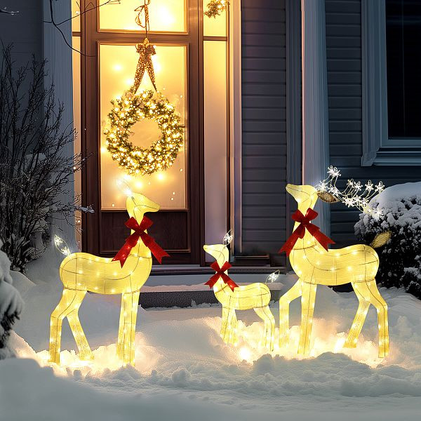 Outsunny 3-teilige Weihnachts-Dekoration, Rentier-Familie mit LED-Beleuchtung, rote Schleife, Stahl, Polyester, wasserfest, 84J-139V90YL