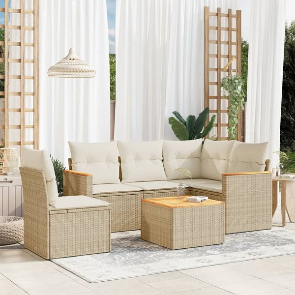 vidaXL 6-teilig Garten-Sofagarnitur mit Kissen Beige Poly Rattan, 3258383