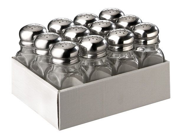 APS Allzweckstreuer, je 4 x 4 cm, Höhe: 10 cm, 70 ml, Behälter aus Glas, Edelstahl-Deckel, je 13 Löcher, VE: 12 Stück, 40504