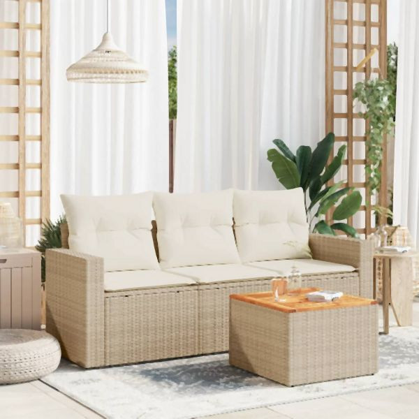 vidaXL 4-tlg. Garten-Sofagarnitur mit Kissen Beige Poly Rattan, 3223993