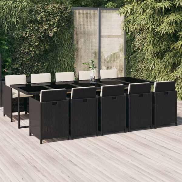 vidaXL 11-teilig Garten-Essgruppe mit Kissen Poly Rattan Schwarz, 3095584