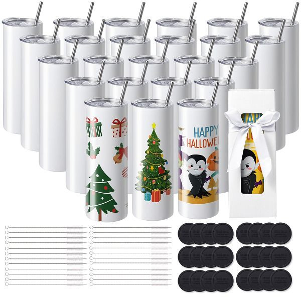 VEVOR 24er-Pack Sublimationsbecher, 20 oz, Edelstahl-Doppelwandbecher mit Strohhalm, Deckel, Bürste, Boden, Schrumpffolie, KBJPJTJBXG24E30BHV0