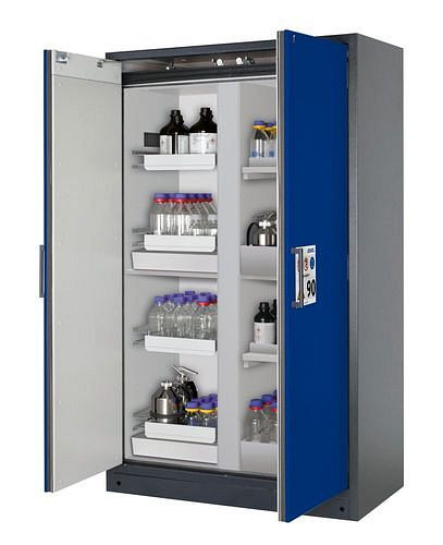 asecos Feuerbeständiger Gefahrstoffschrank Select, Mittelwand, mit Auszugs- und Bodenwannen, blau, 266866