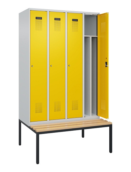 C+P Spind Evolo PLUS, 4 Abteile, 2120x1200x815mm, 7035/1023, Haken 4, Zylinderschloss, Sitzfläche Buche-Hartholz, Sitzbank, 0490507-40F S10028