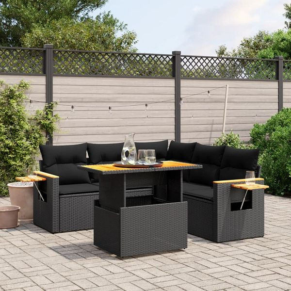 vidaXL 6-teilig Garten-Sofagarnitur mit Kissen Schwarz Poly Rattan, 3273512