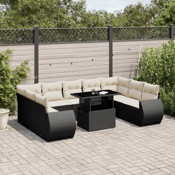 vidaXL 10-teilig Garten-Sofagarnitur mit Kissen Schwarz Poly Rattan, 3268736