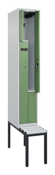 C+P Z-Spind Evolo PLUS, Bank, 2 Fächer, 2120x300x815mm, 7035/6011, Zylinderschloss, Sitzfläche Kunststoff, Sitzbank, 0490537-102 S10091
