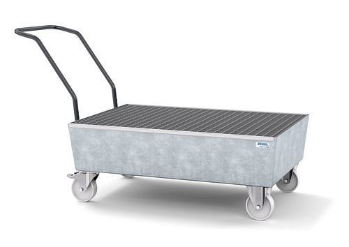 DENIOS Fahrbare Auffangwanne classic-line für 2 Fässer à 200 l, verzinkt, mit Gitterrost, 259340