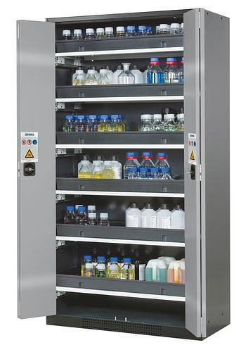 asecos Chemikalienschrank Systema-T CS-106F, Korpus anthrazit, Falttüren silber, 6 Tablarauszüge, 209107