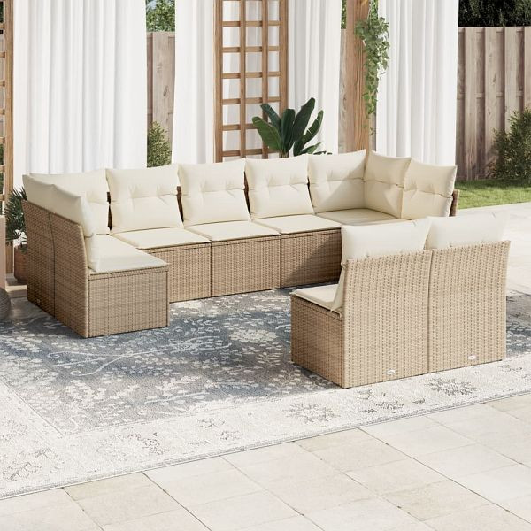 vidaXL 9-tlg. Garten-Sofagarnitur mit Kissen Beige Poly Rattan, 3249987