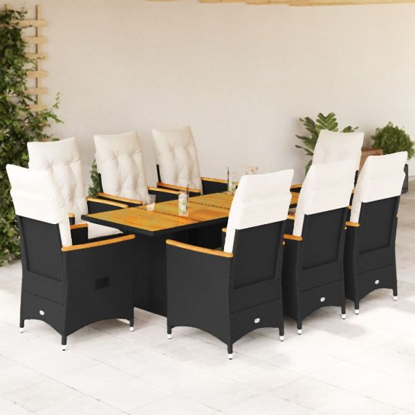 vidaXL 9-tlg. Garten-Essgruppe mit Kissen Schwarz Poly Rattan, 3276842