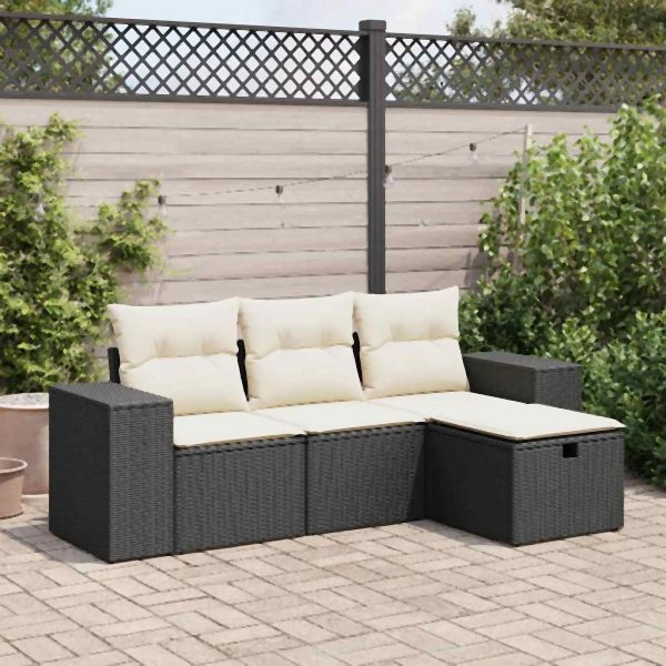 vidaXL 4-tlg. Garten-Sofagarnitur mit Kissen Schwarz Poly Rattan, 3325652