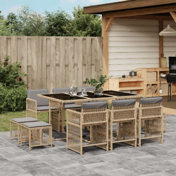 vidaXL 11-tlg. Garten-Essgruppe mit Kissen Beigemischung Poly Rattan, 3211692