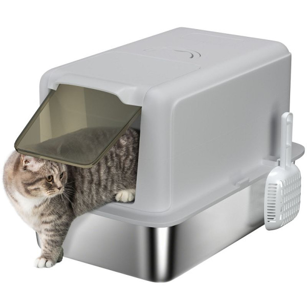 PawHut Katzentoilette, Wanne aus Edelstahl, Filter, Schaufel, für Katzen bis 6 kg, 40,5 x 60,5 x 41,5 cm, Grau/Silber, D31-103V00GY