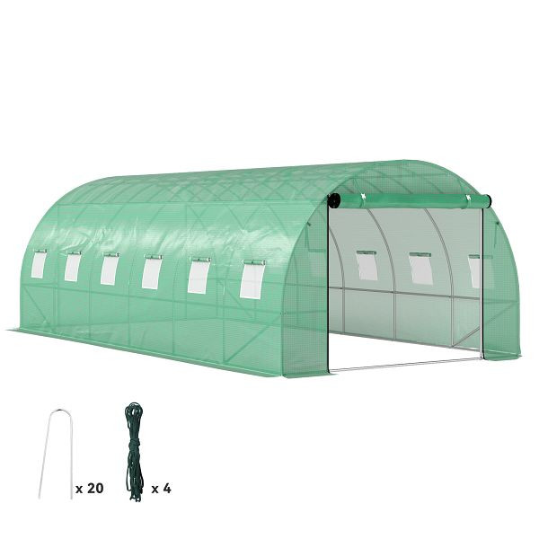 Outsunny Polytunnel Gewächshaus mit Kunststoff-Abdeckung und Stahlrahmen, begehbares Gewächshauszelt mit Rolltüren, Grün, 84H-238V02GN
