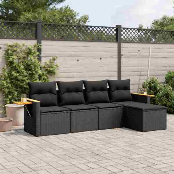 vidaXL 5-tlg. Garten-Sofagarnitur mit Kissen Schwarz Poly Rattan, UV-beständig, 3259157