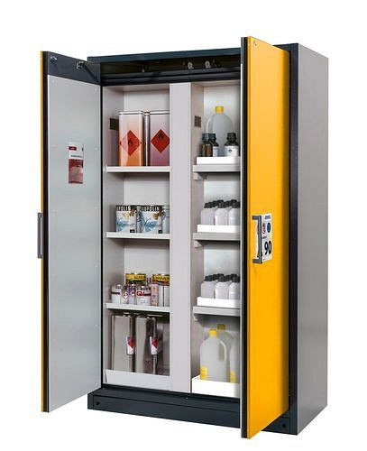 asecos Feuerbeständiger Gefahrstoffschrank Select, mit Mittelwand, Einlege- und Wannenböden, gelb, 266822