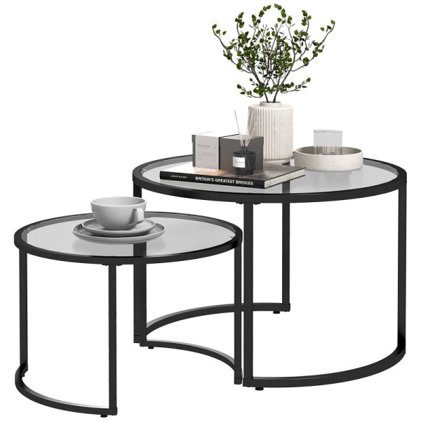 HOMCOM 2er-Set Beistelltische Couchtische Industrie-Design, Glastische, stapelbar, Schwarz + Transparent, 839-798V00BK