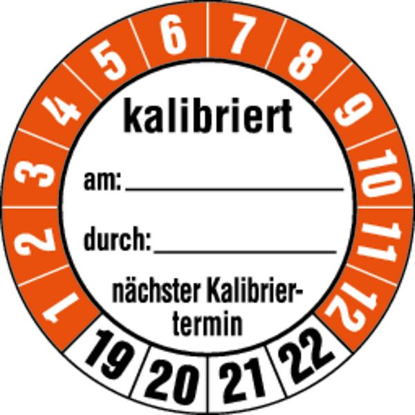 Schilder Klar Etikett kalibriert am:duch:... ab 23 orange/schwarz/weiß, 35 mm Folie selbstklebend, VE: 40 Stück, 45/65.23