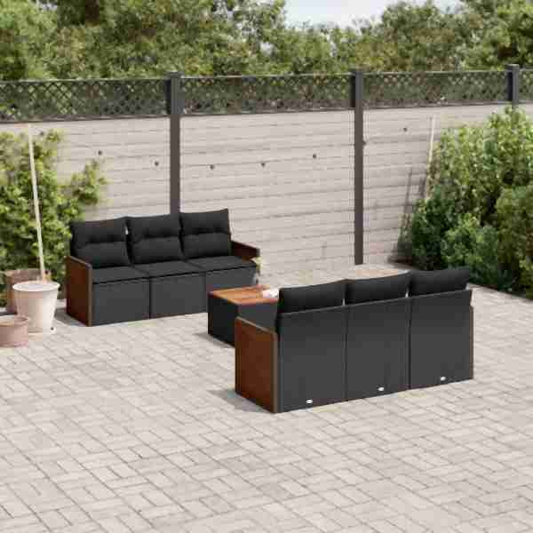 vidaXL 7-tlg. Garten-Sofagarnitur mit Kissen Schwarz Poly Rattan, UV-beständig, 3227469