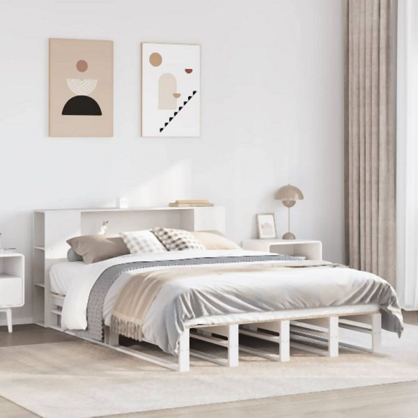 vidaXL Massivholzbett mit Regal ohne Matratze Weiß 140x190 cm, 3323897